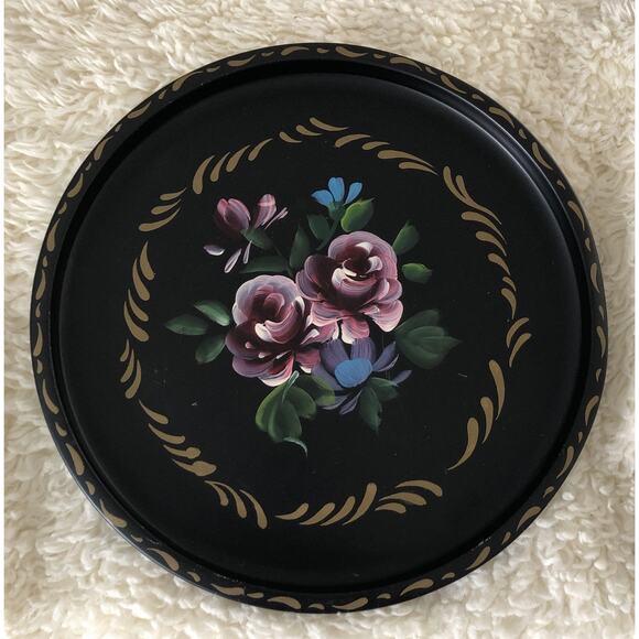 Nashco Toleware Hand Painted Flowers Round Metal Tray 11" Black Pink Blue Gold - Picture 1 of 5
